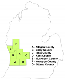 Map of Allegan, Barry, Ionia, Kent, Muskegon, Newaygo, and Ottawa counties